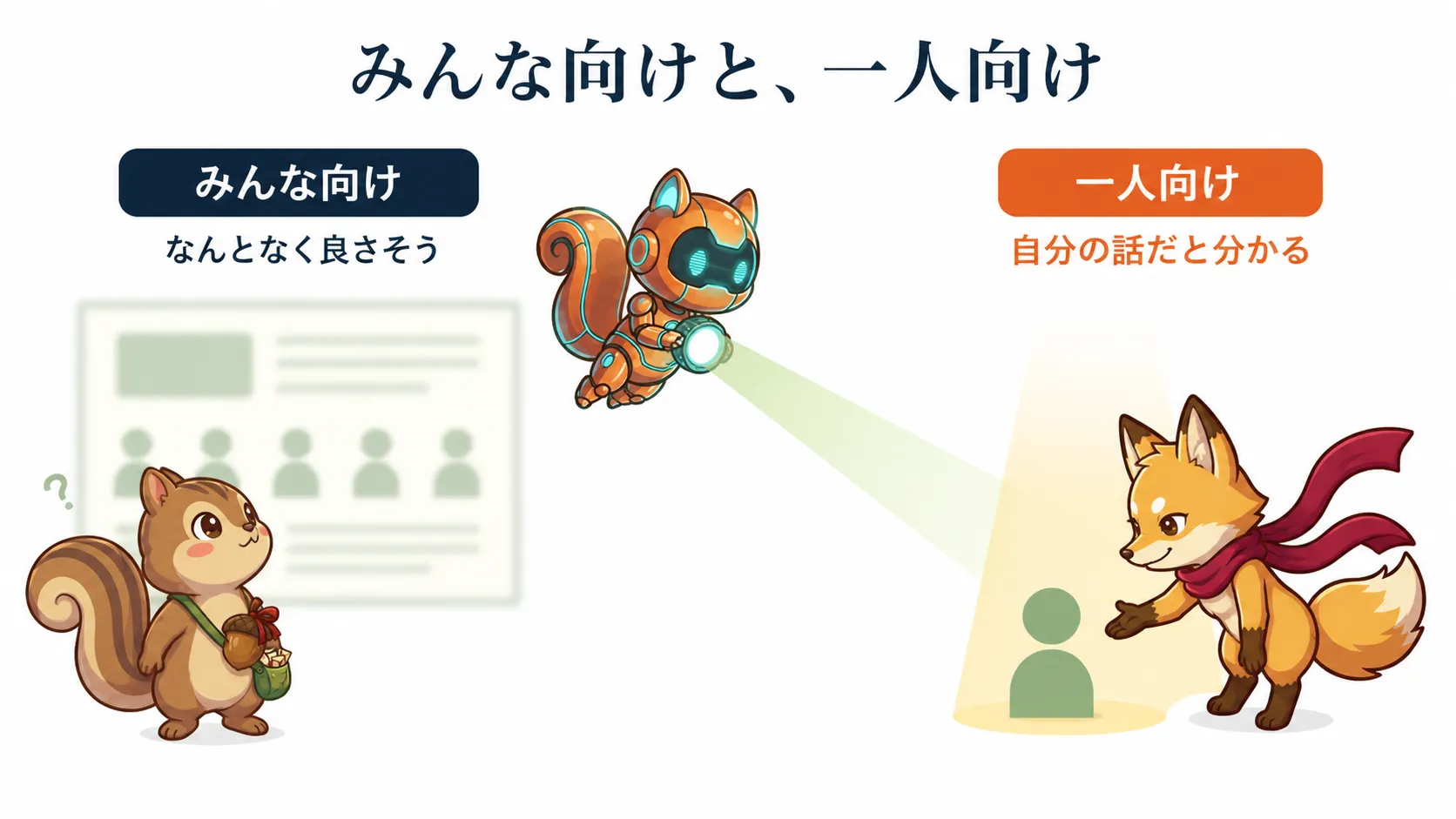 みんな向けの曖昧な説明と、一人へ向けた具体的な言葉を比較する図