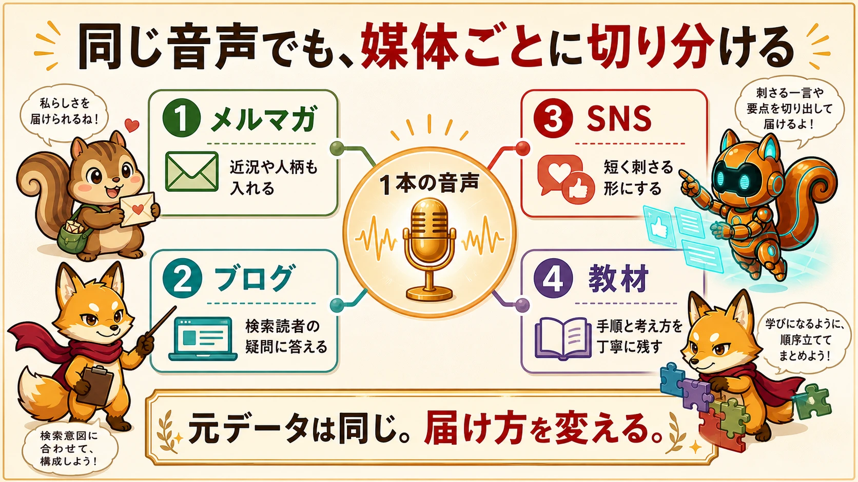同じ音声をメルマガでは近況や人柄、ブログでは検索から来た人向けの情報、SNSでは短い気づき、教材では行動手順に切り分ける考え方