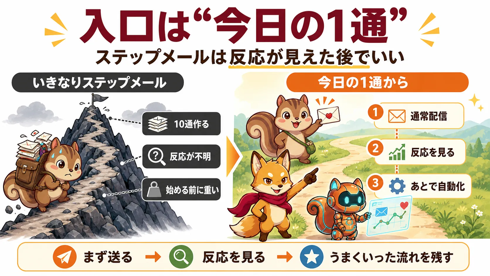 メルマガを今日の1通から始めて反応を集める流れの図解