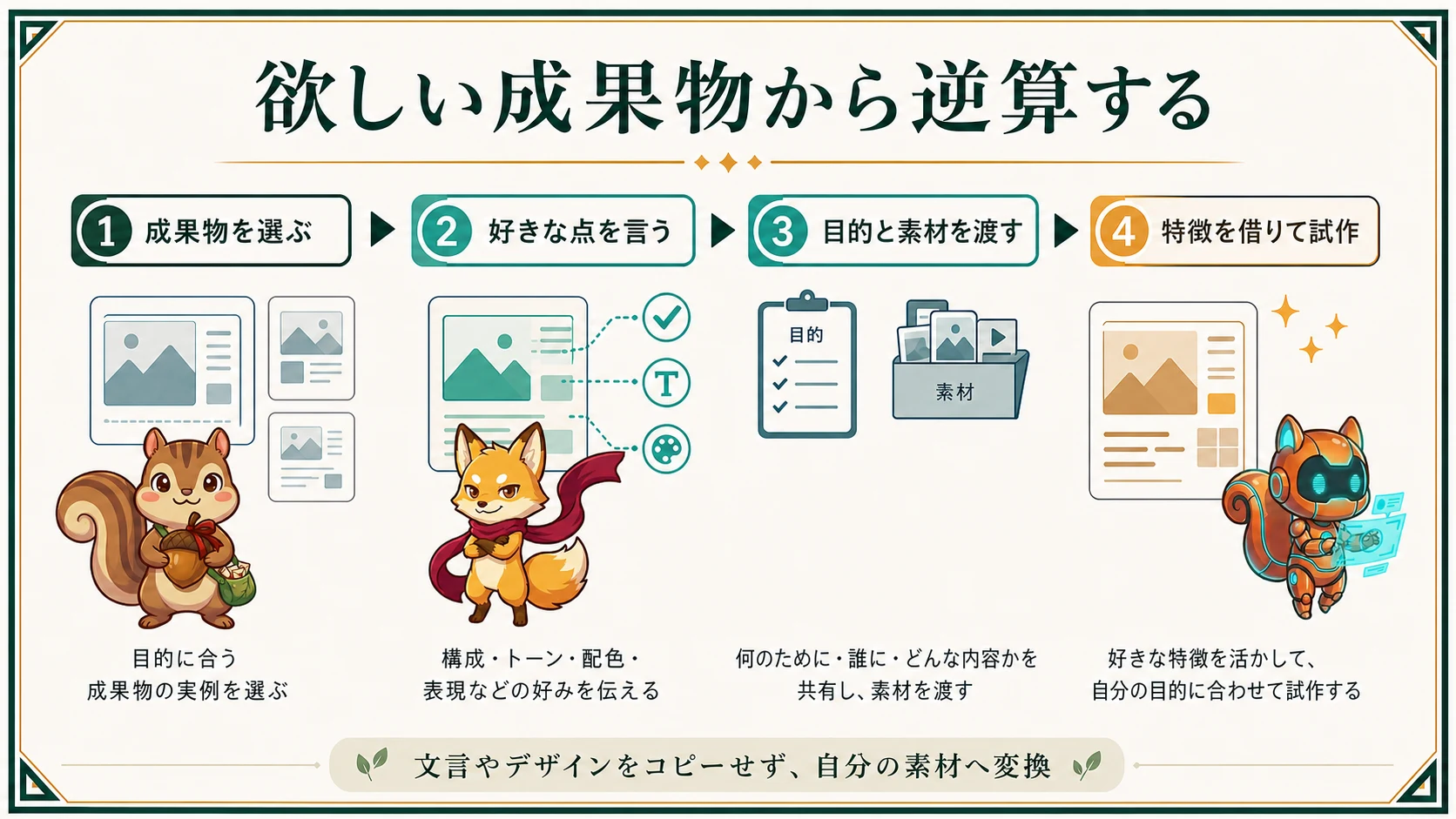 生成AIに欲しい成果物を作らせるための4ステップを示す図解