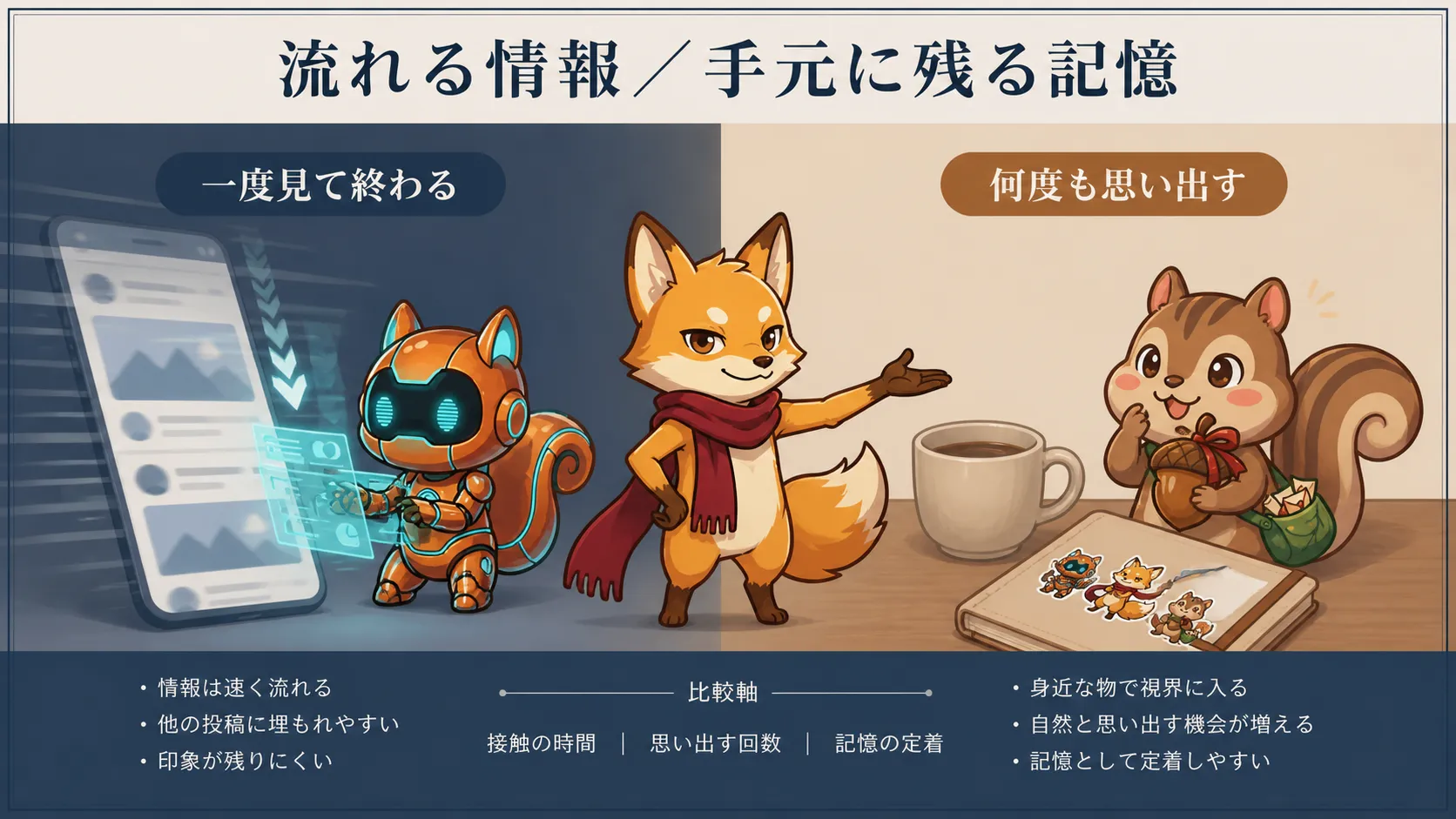 流れていくデジタル情報と手元に残ってブランドを思い出すノベルティを比較した図解