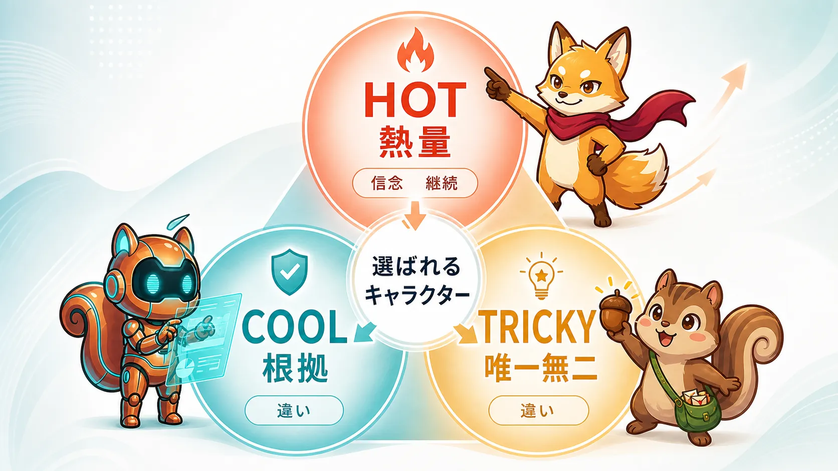 ホット クール トリッキーの3要素が選ばれるキャラクターを作ることを示す図解