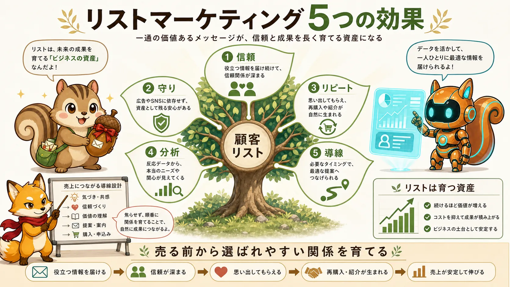 リストマーケティングの信頼守りリピート分析導線の5つの効果を示す図解