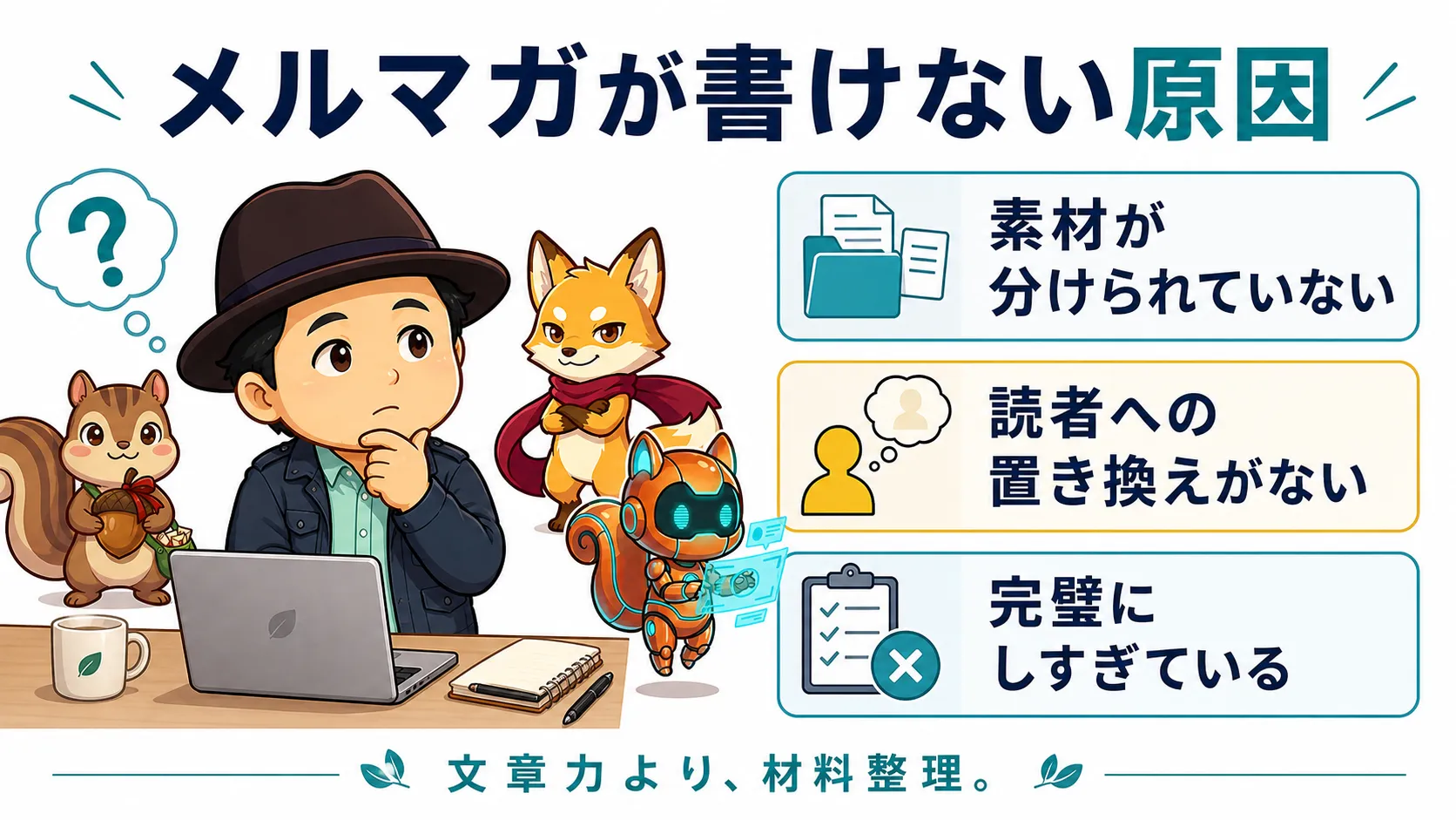 メルマガが書けない原因を、素材・読者への置き換え・完璧主義の3点で整理した図解