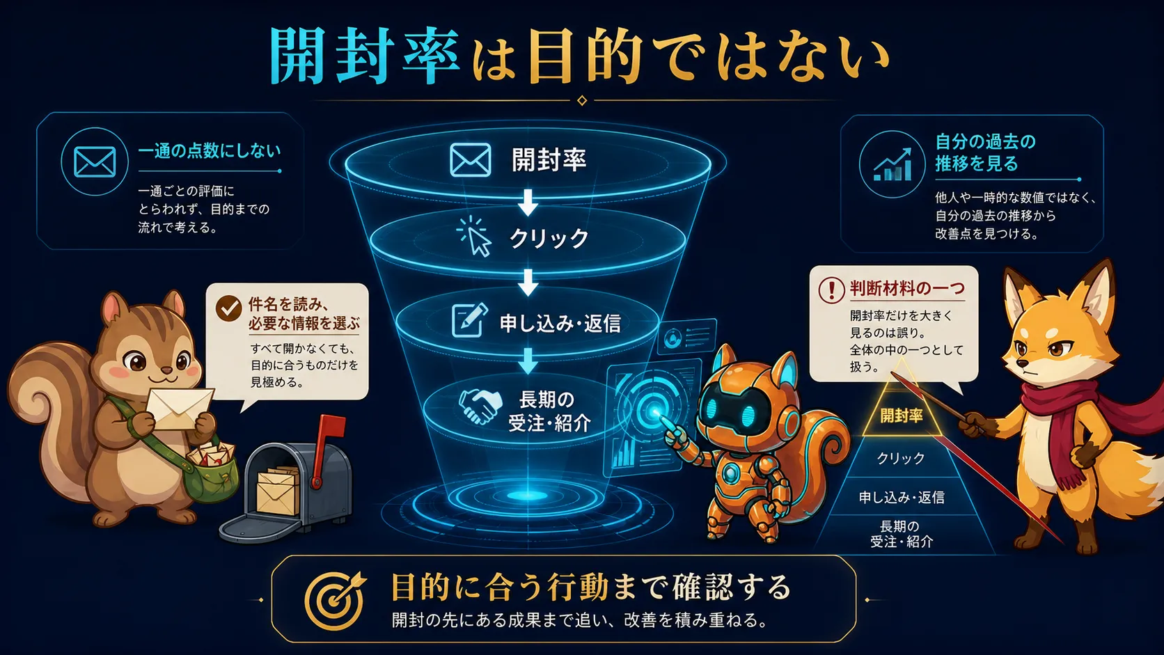 開封率からクリック、申し込み、長期の受注と紹介までを見るKPI構造