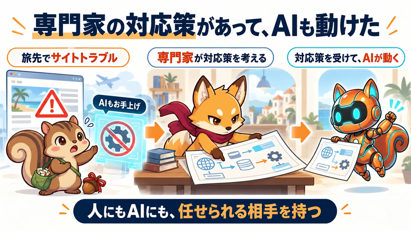旅先のサイトトラブルでAIも動けなかった場面から、専門家が対応策を考え、その対応策を受けてAIが動くまでの関係。