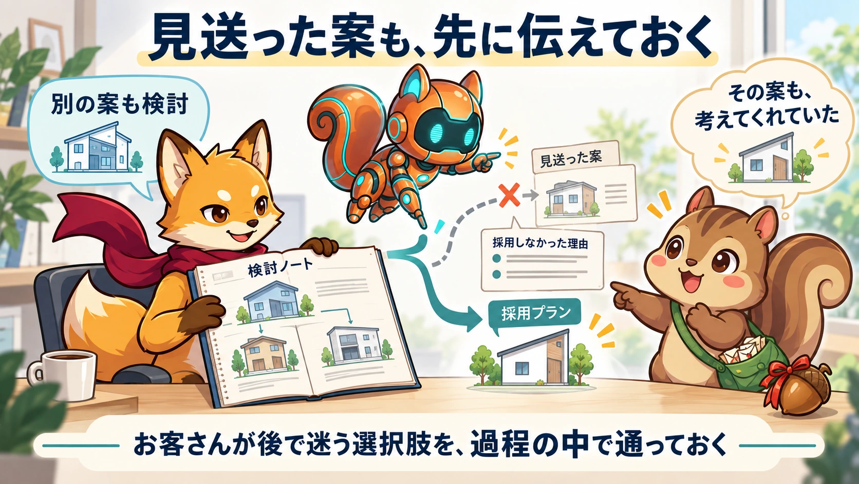 別の案と採用しなかった理由を先に伝え、お客さんが後で迷う選択肢を過程の中で通っておく