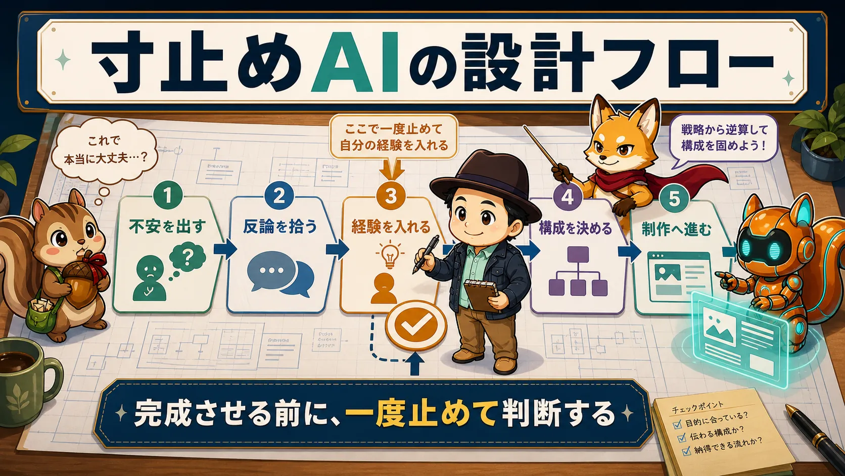 AIに完成させる前に一度止めて判断する寸止めAIの設計フロー図解