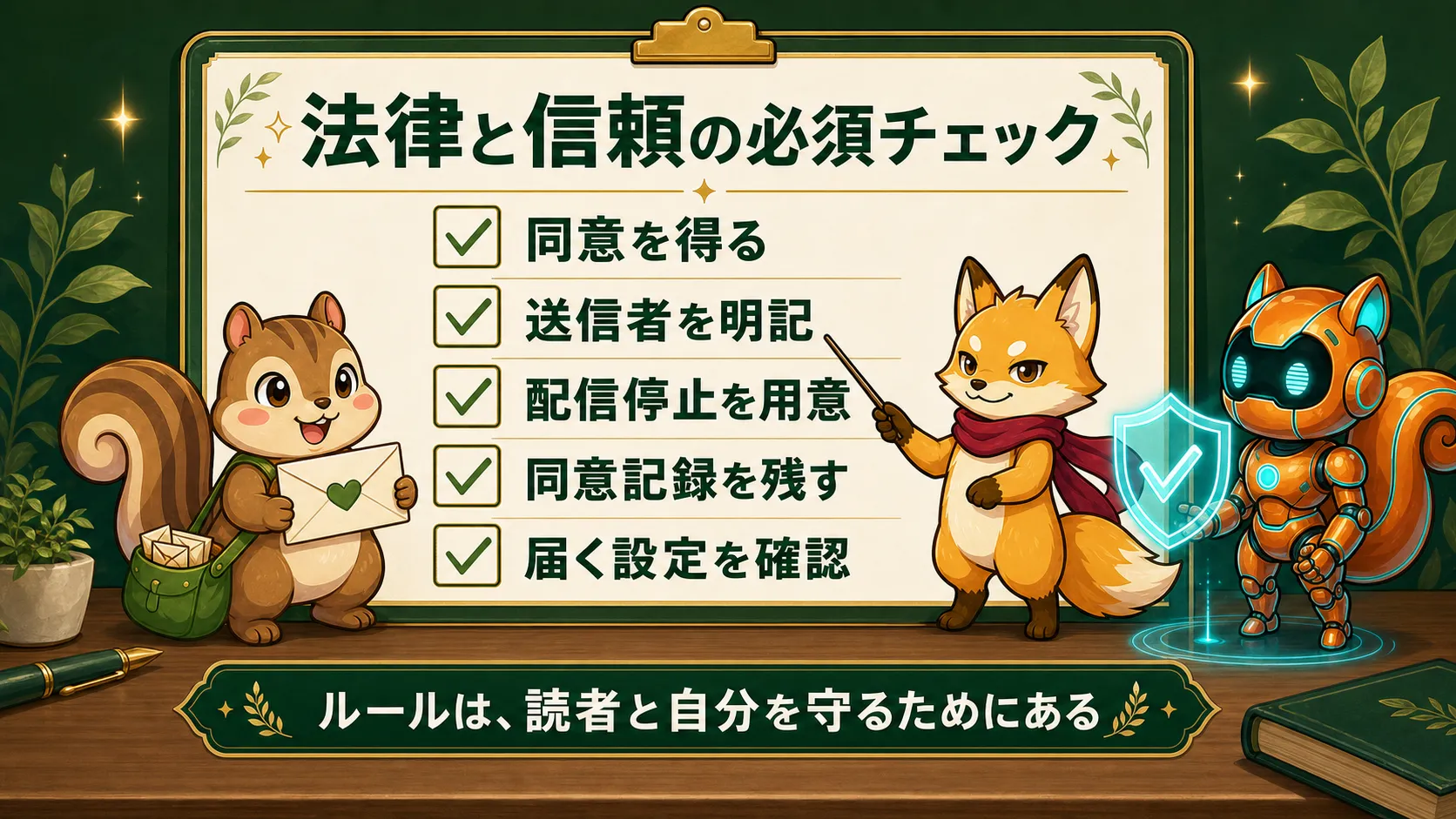 メルマガ配信で同意、送信者明記、配信停止、同意記録、届く設定を確認する図解