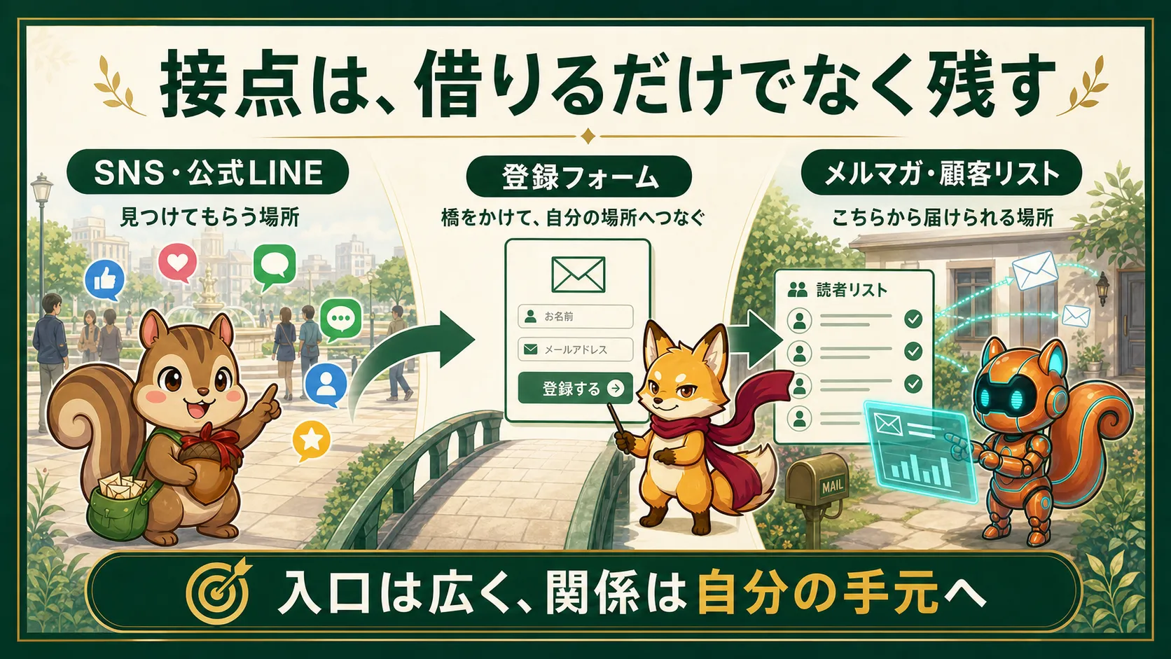 SNSや公式LINEで見つけてもらい登録フォームを通じてメルマガと顧客リストへ関係を残す流れの図解