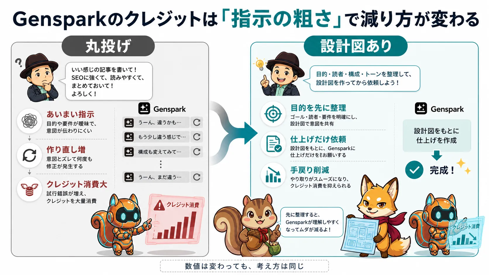 Gensparkの丸投げと設計図ありでクレジット消費が変わることを示す比較図