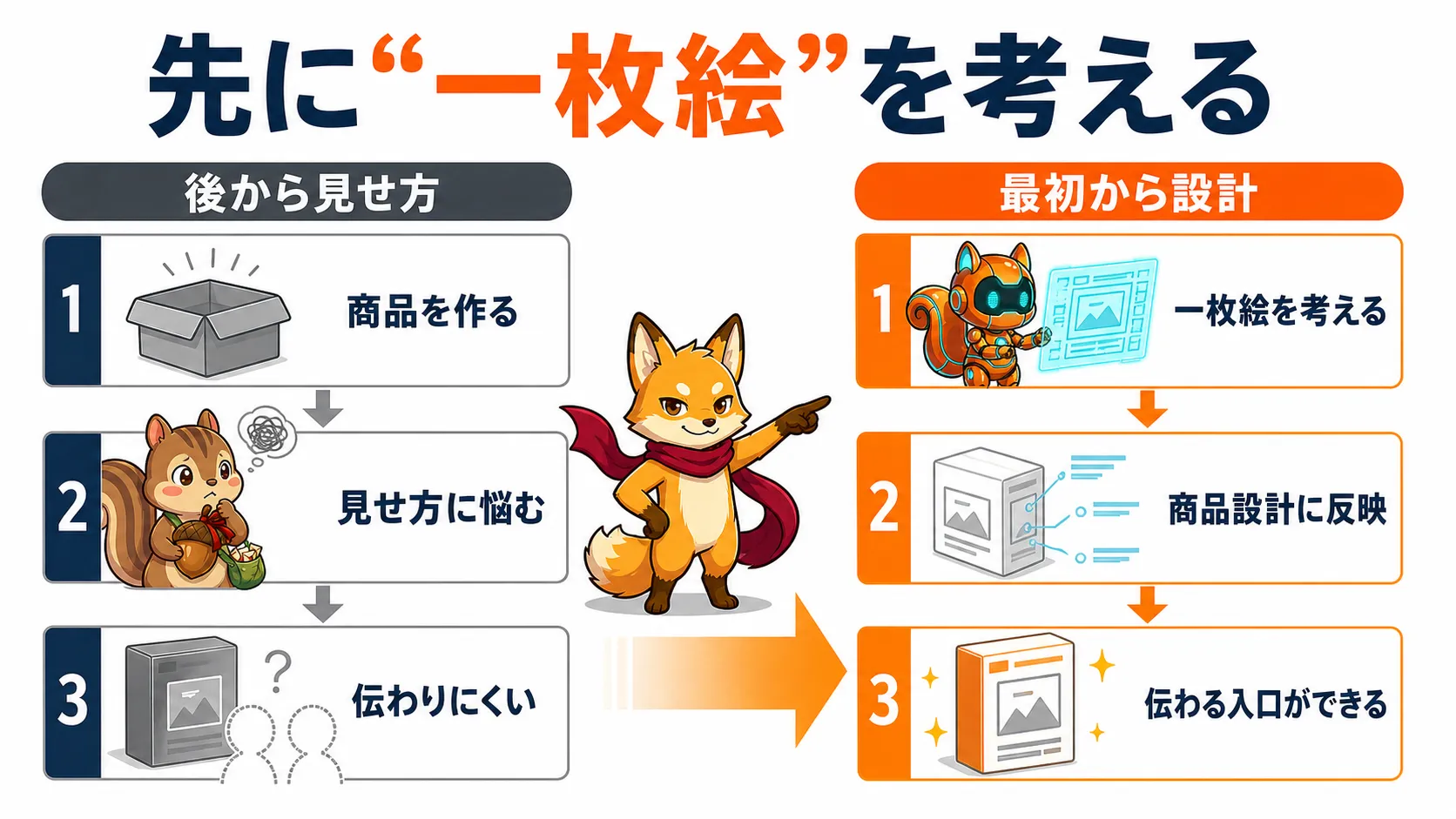 商品を作ってから見せ方に悩む流れと、最初から一枚絵を考えて商品設計に反映する流れの違いを示した図解