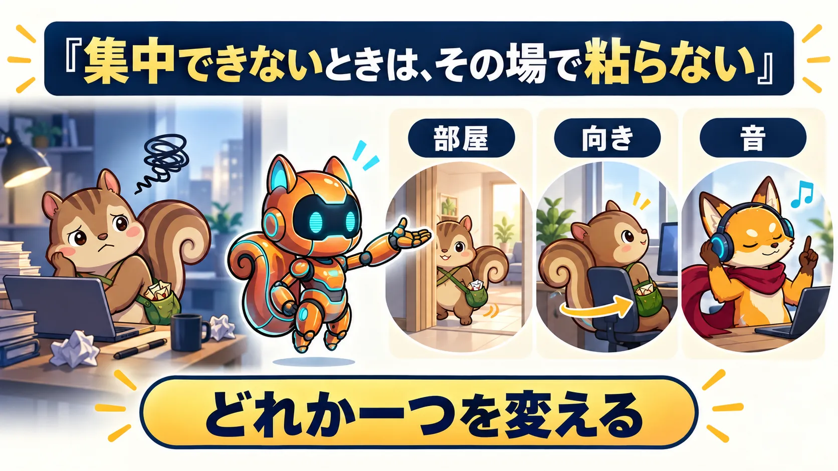 集中できないとき、その場で粘らず、部屋、向き、音のどれか一つを変える選択肢。