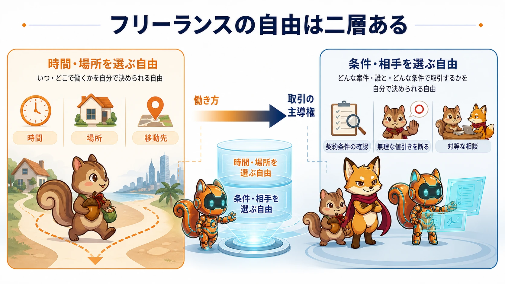 フリーランスの自由を時間と場所、取引条件と相手の二層で示した図解