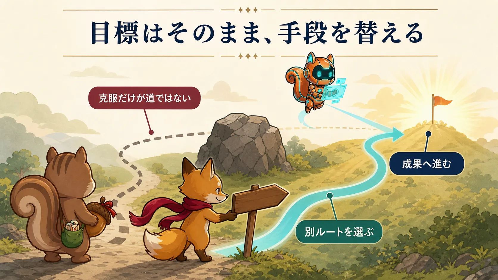 最終目標を保ちながら自分に合う手段へ替える考え方の図解