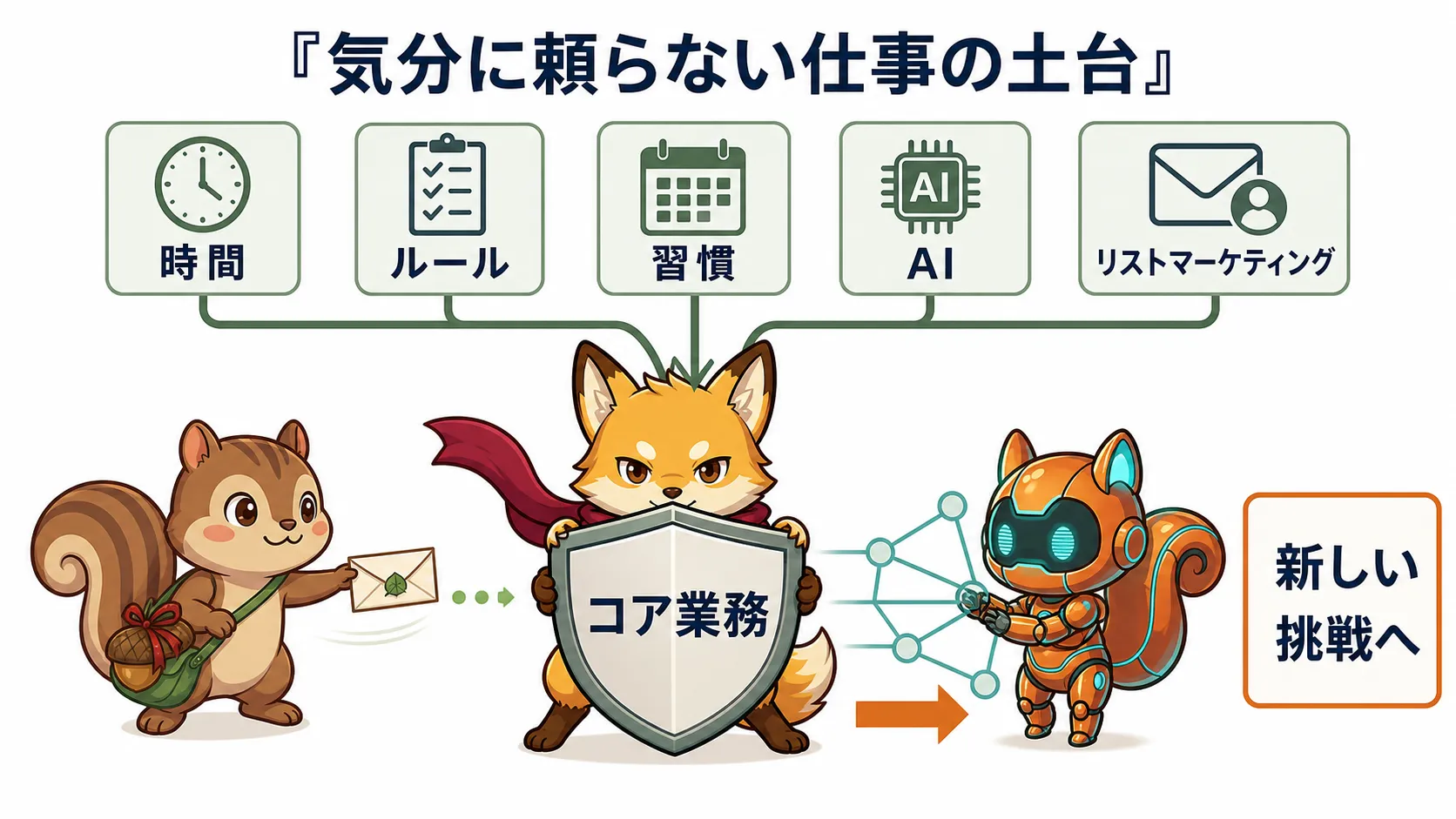 毎日の仕事を時間・ルール・習慣・AI・リストの土台で支える図
