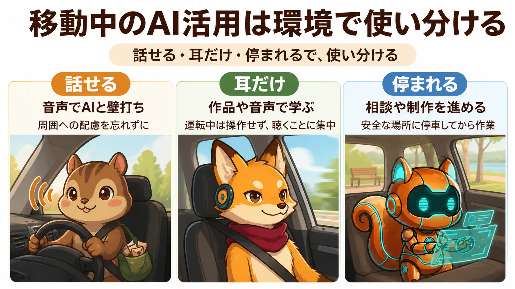 話せるか、耳だけ使えるか、安全に停まれるかで移動時間の使い方を選ぶ
