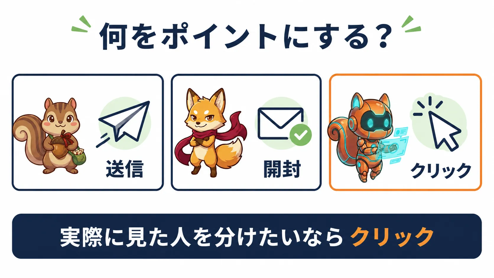 送信、開封、クリックのうち、実際に見た人を分けるクリックを選ぶ判断図