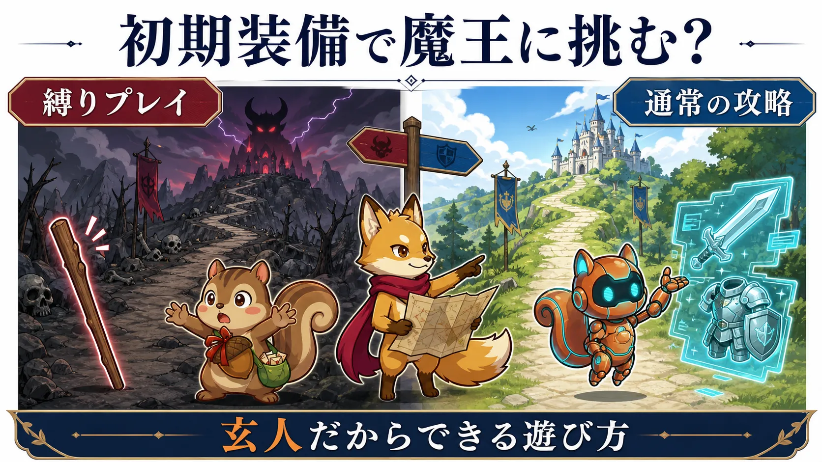 初期装備で魔王に挑む縛りプレイは玄人向けであることを示した図解