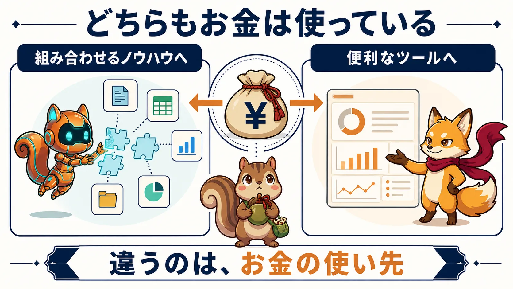 便利なツールと安いツールを組み合わせるノウハウへのお金の使い先を比較した図解