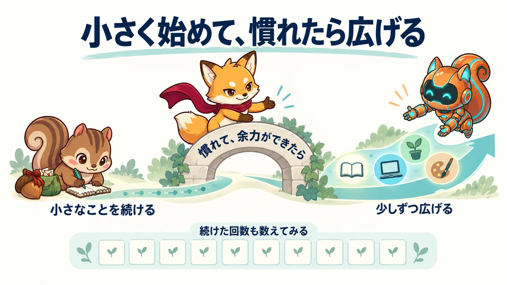 小さな活動を続け、慣れて余力ができたら広げるという条件と、継続回数も数える行動を区別して理解できること。