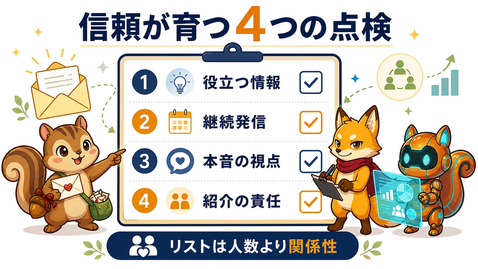 役立つ情報、継続発信、本音の視点、紹介の責任という信頼が育つ4つの点検項目を示した図解