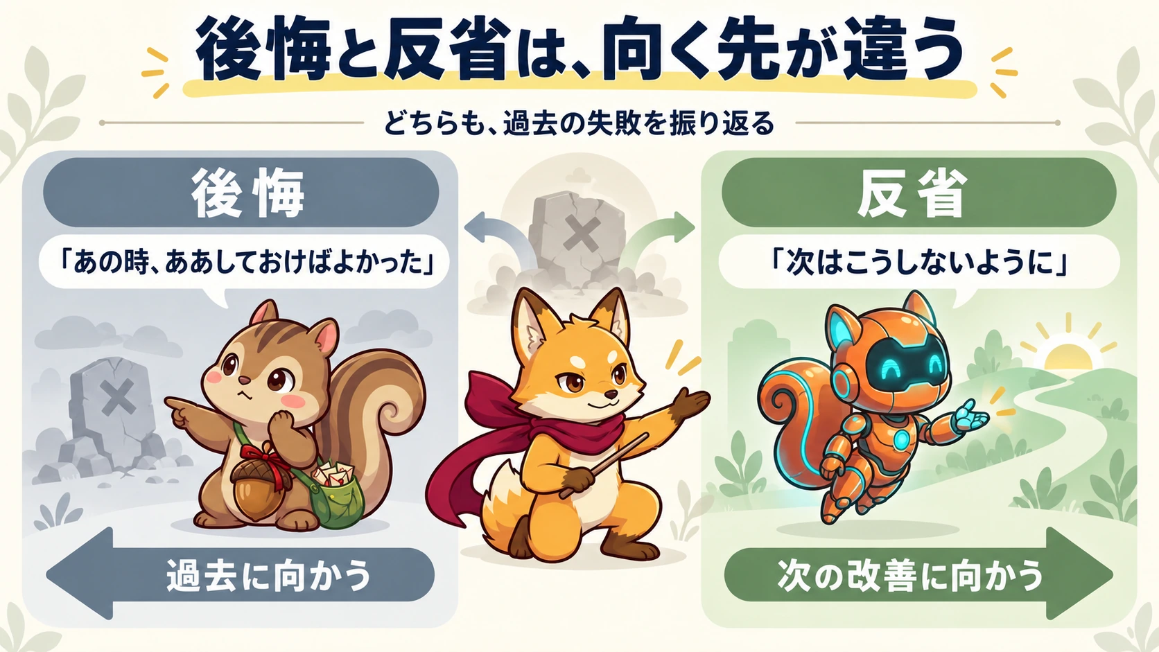後悔と反省は同じ過去の失敗を振り返るが向く先が違う