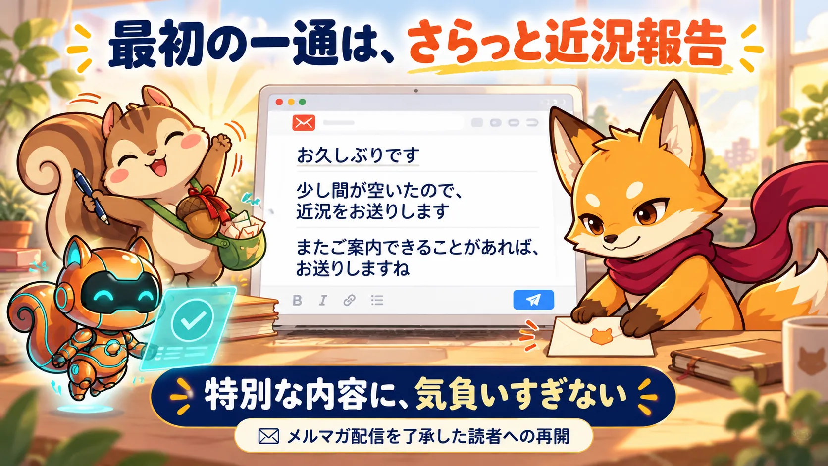 メルマガ配信を了承した読者に、特別な内容に気負いすぎず近況報告を送る。