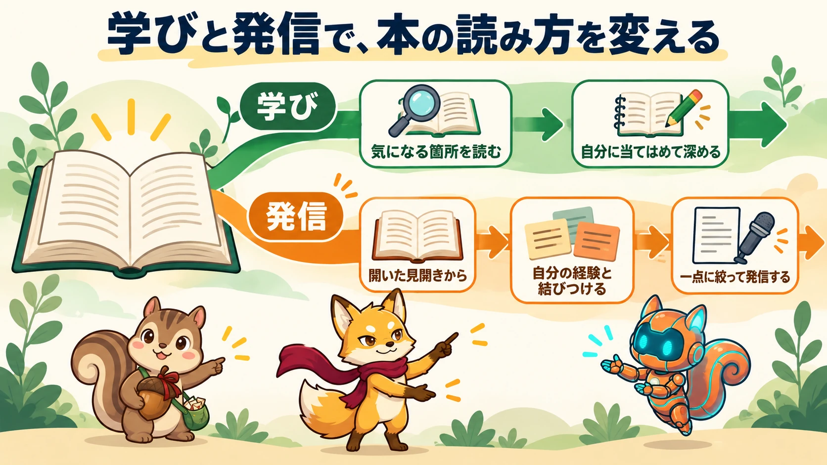 学びは気になる箇所を読んで自分に当てはめ、発信は見開きを経験と結んで一点に絞る
