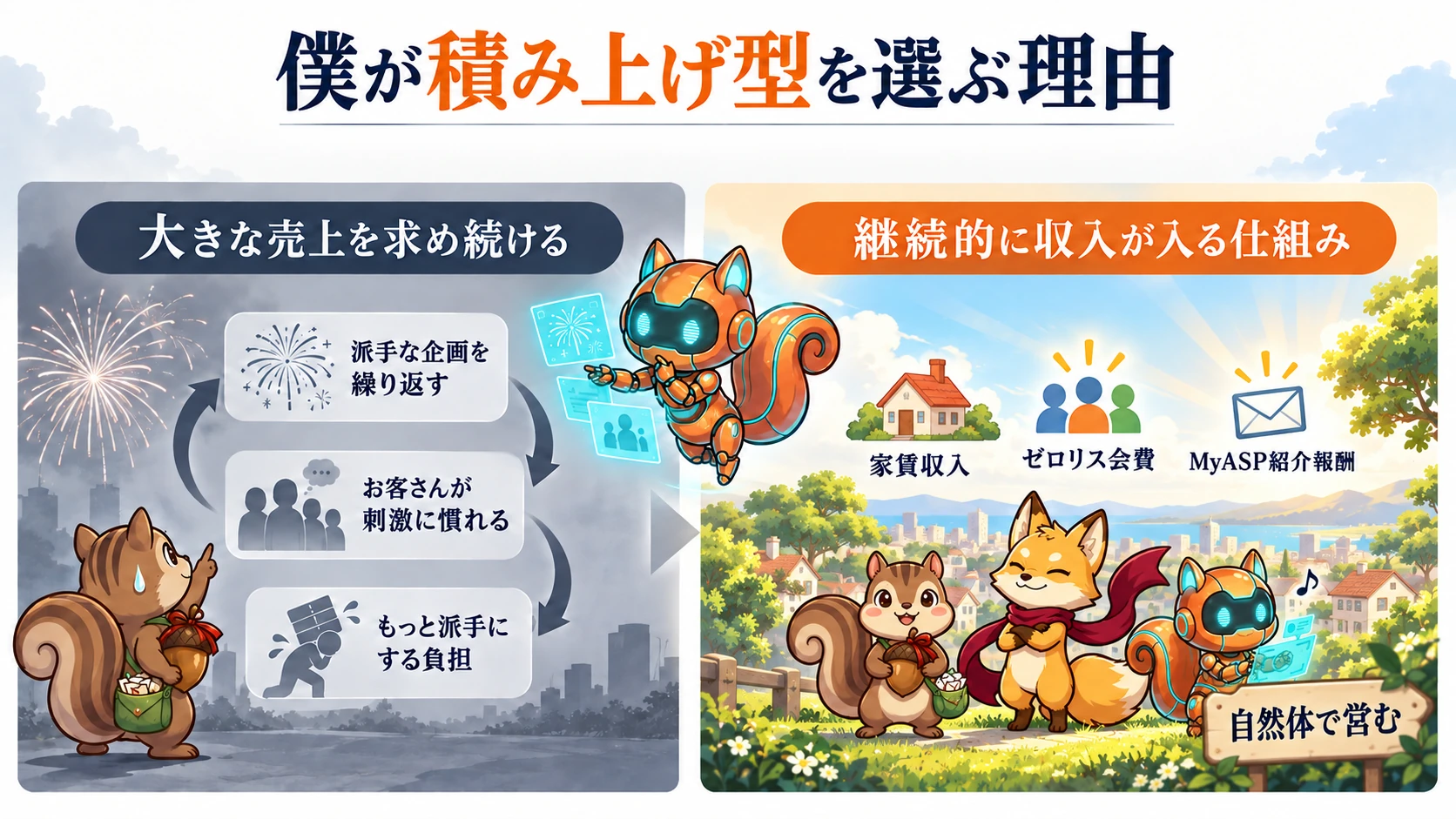 大きな売上を求め続ける負担と、継続的に収入が入る仕組み