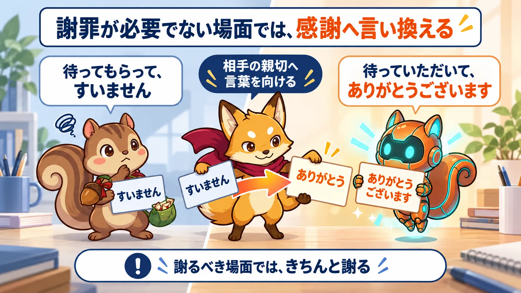 謝罪が必要な場面と、口癖のすいませんをありがとうへ言い換える場面を分けた図。
