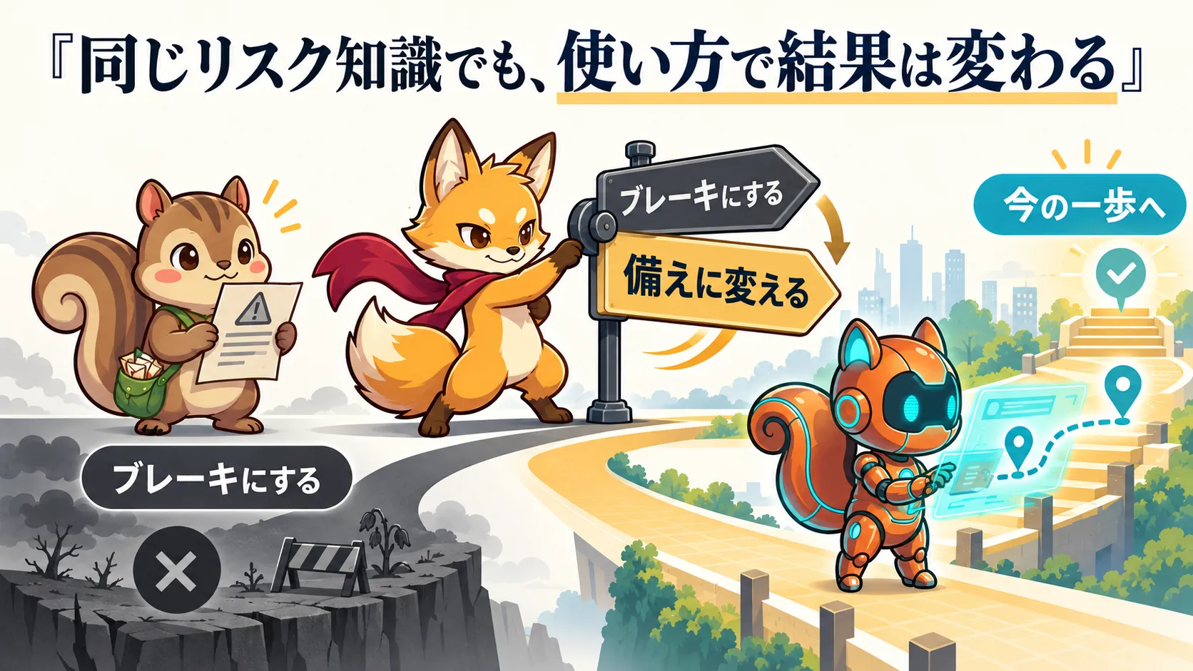 同じリスク知識を、行動のブレーキにする道と備えに変えて今の一歩へ進む道の分岐。