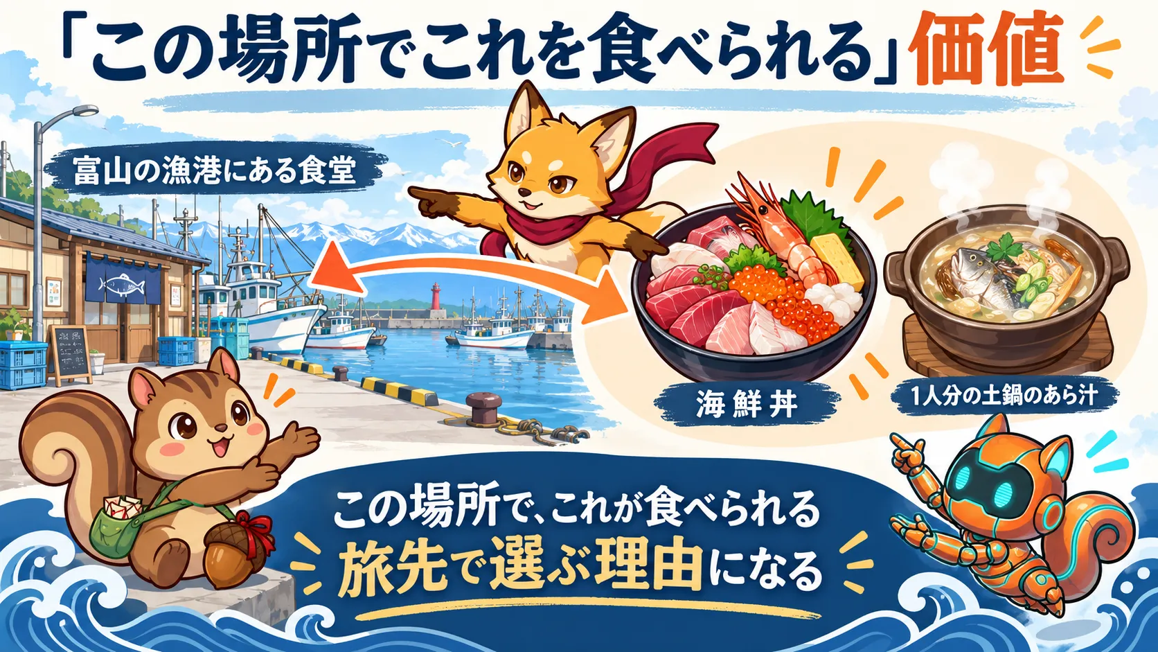 富山の漁港の海鮮丼と一人分の土鍋のあら汁を示す図