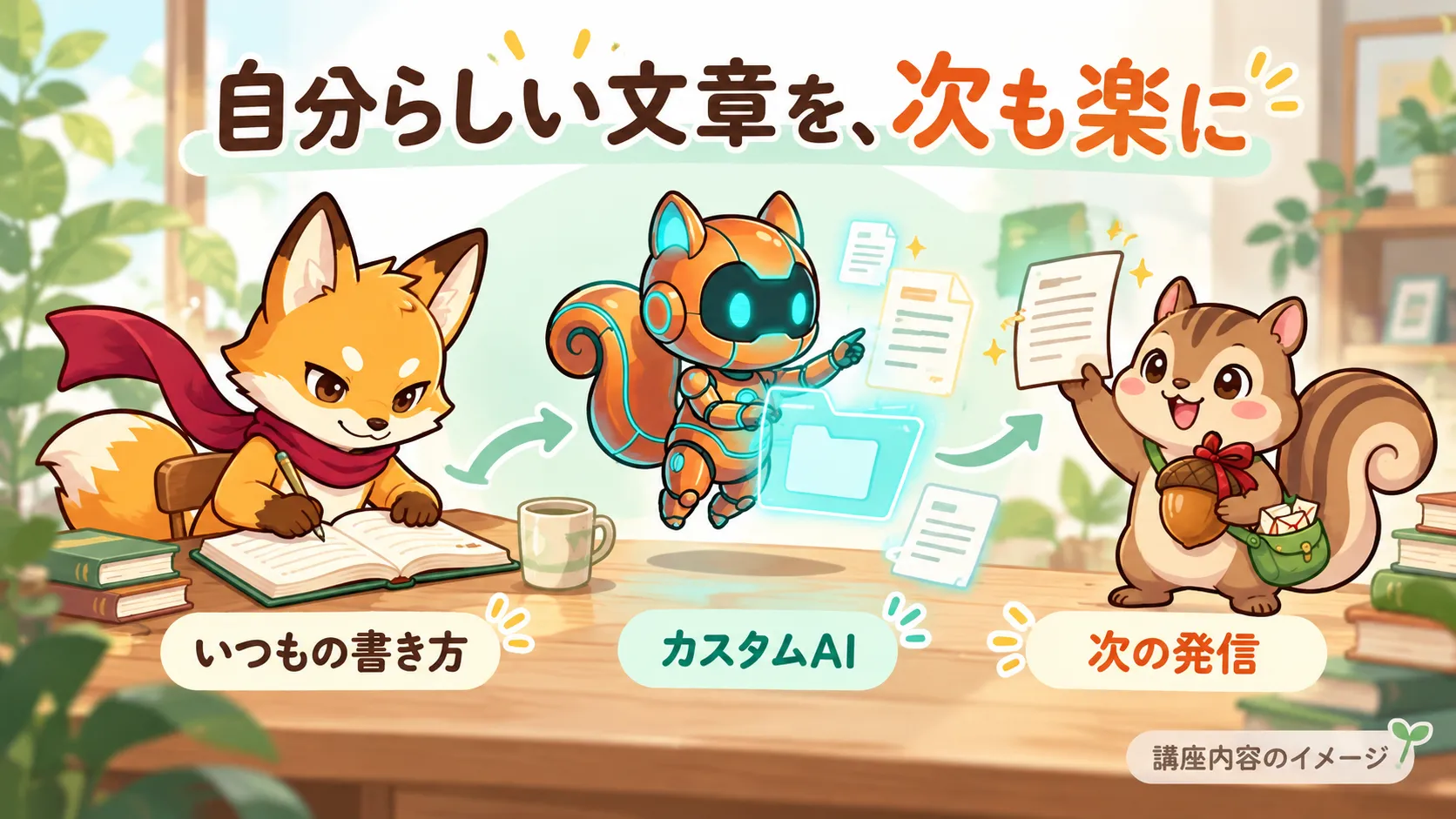 普段の書き方をカスタムAIに引き継いで次の発信に活かす考え方のイメージ。実際の講座画面ではありません。