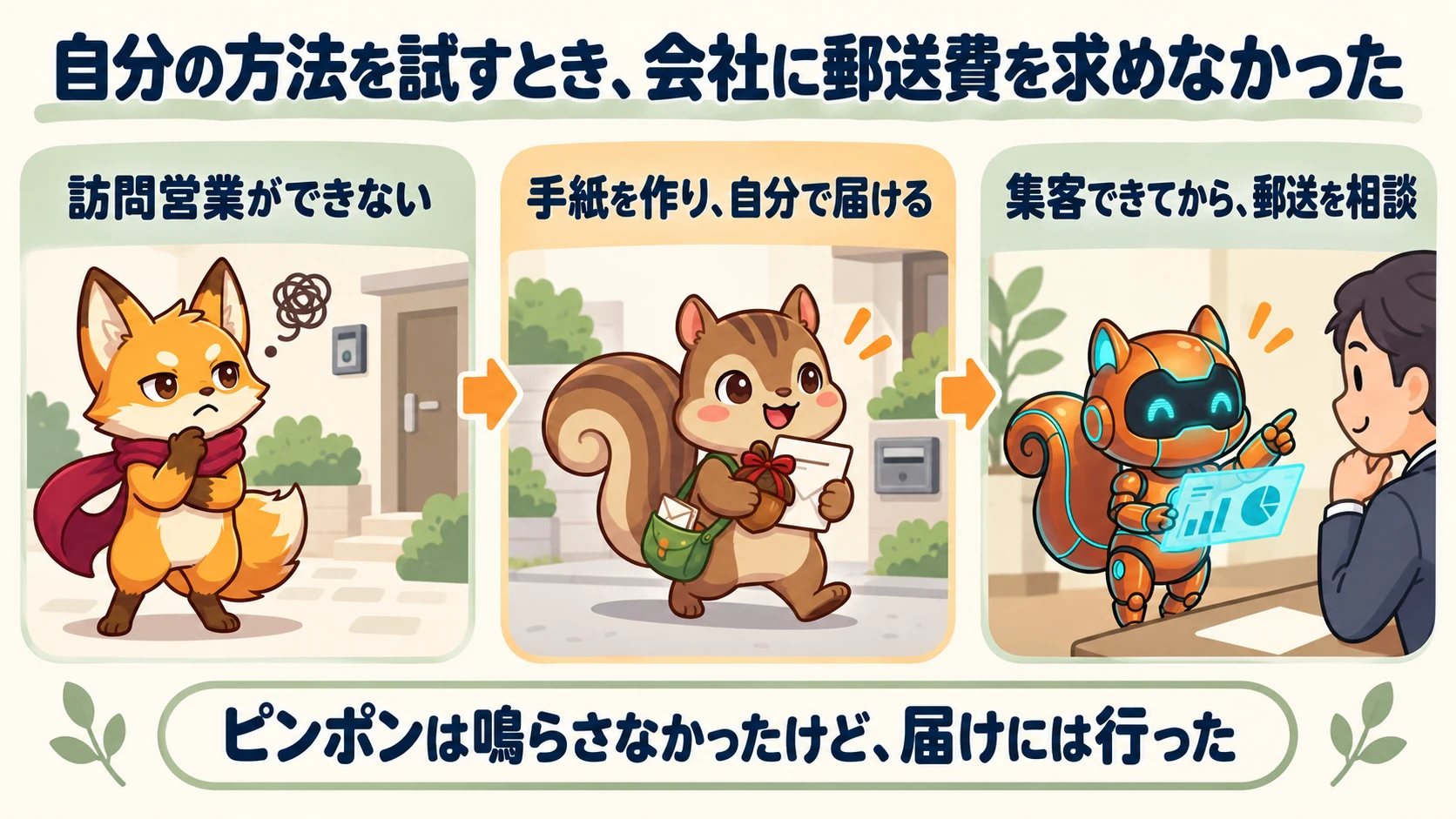 手紙を自分で届け、来店という結果を示し、少しずつ郵送の相談が通った流れ