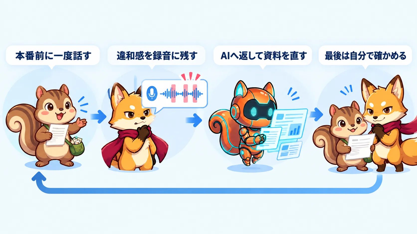 リハーサルの録音で詰まった場所を見つけ、AIへ返して資料の言葉と構成を直す図