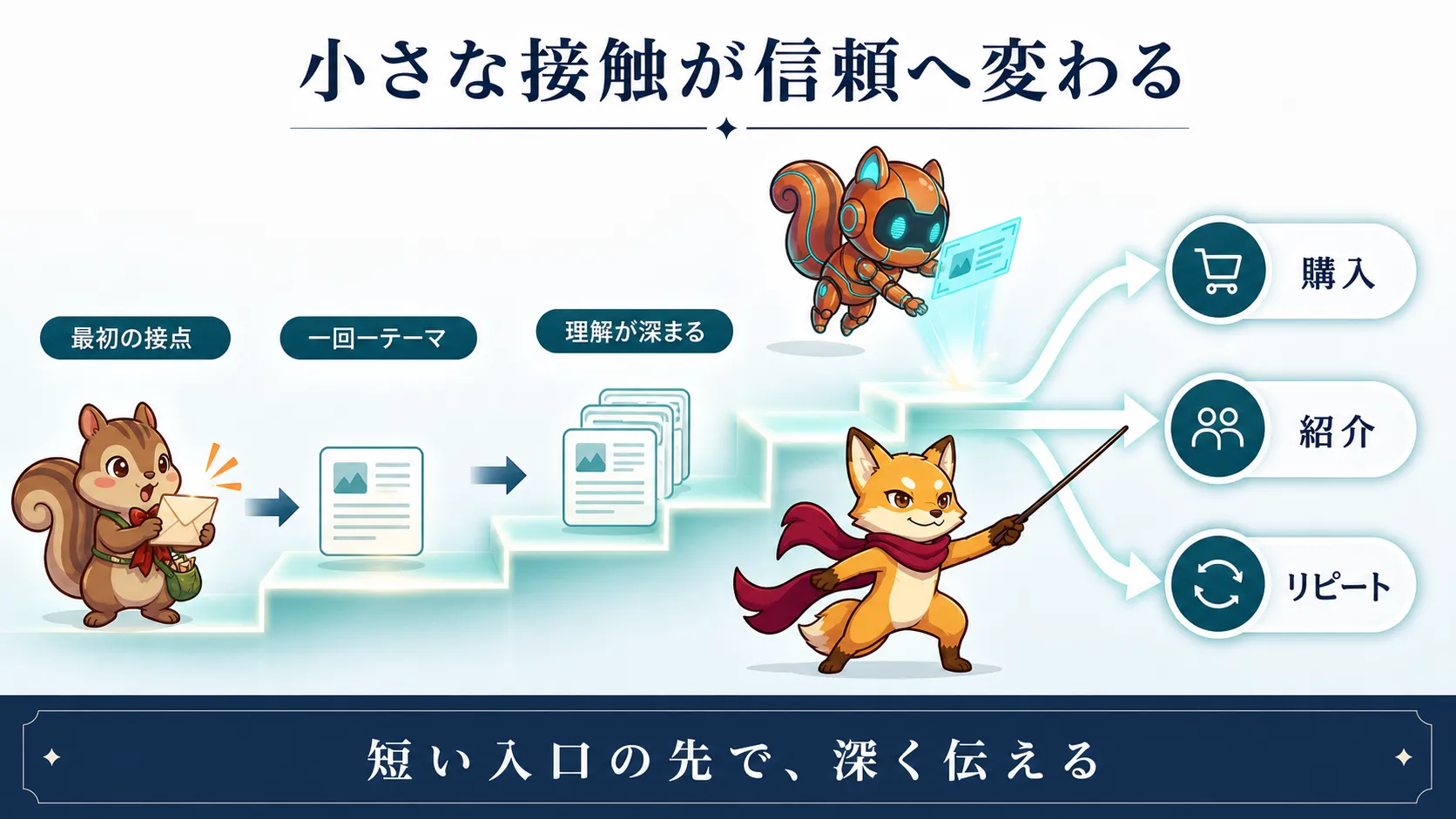 小さな接触を何度も重ねて理解と信頼を育て、購入や紹介やリピートへつなげる図