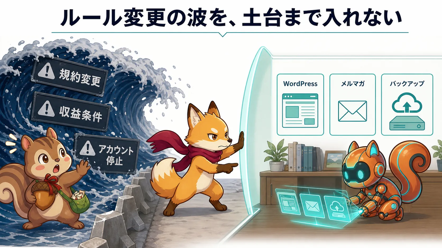 規約変更やアカウント停止という波を、WordPress、メルマガ、保存したデータで自分の土台まで入れない考え方