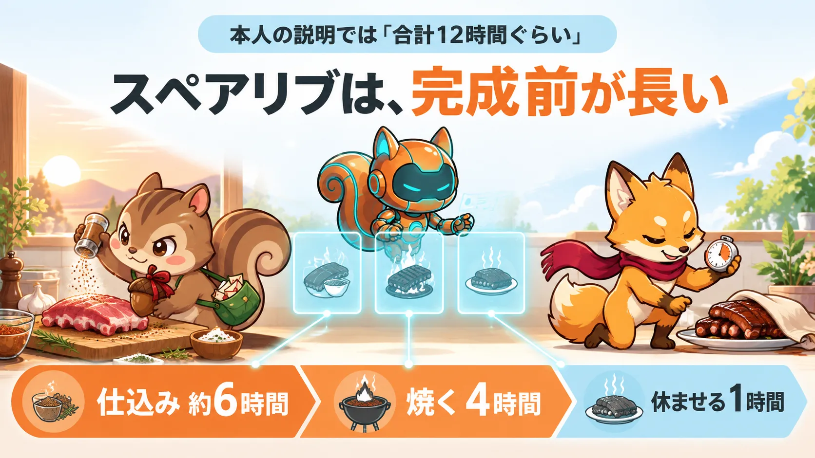 仕込み約6時間、焼く4時間、休ませる1時間というスペアリブの完成前の時間を示した図。