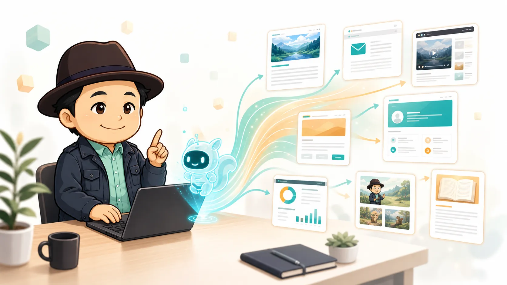 長嶺圭一郎がAIエージェントに指示を出し、複数の発信物を一気に作り出しているイラスト