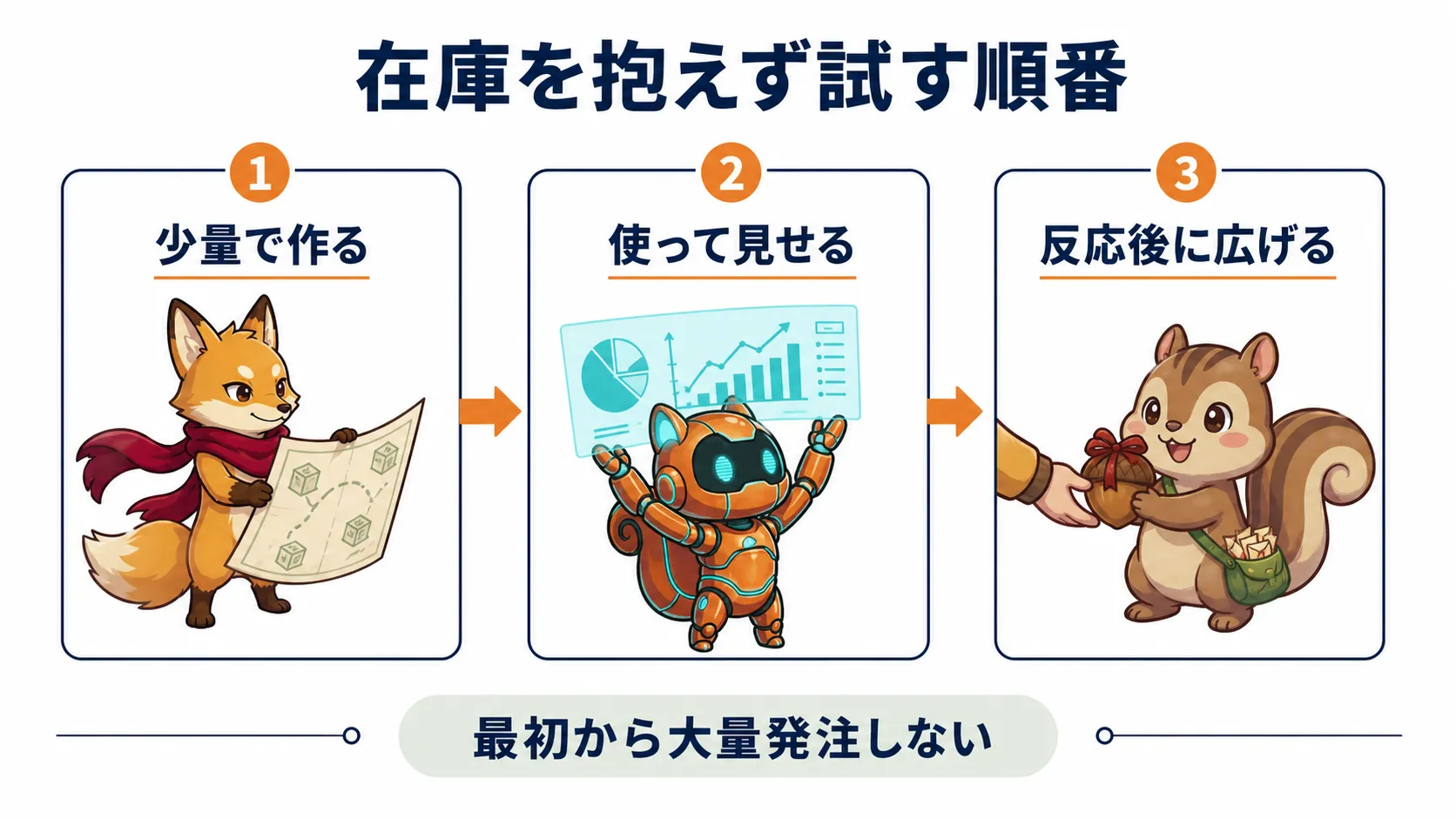 ノベルティを一点作り、自分で使い、見せ、反応を確認してから広げる順番を示した図解