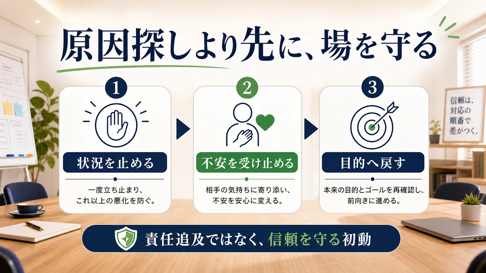 原因探しより先に場を守るトラブル対応の順番