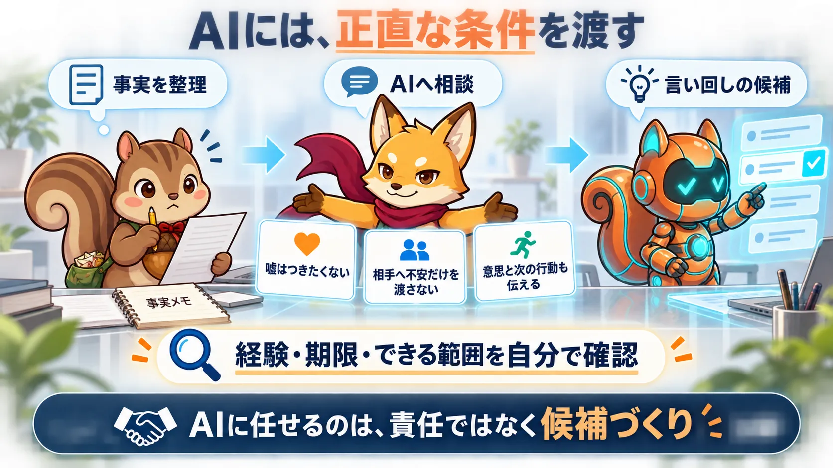 事実を隠さず、意思と次の行動が伝わる言い回しをAIと考える流れ。