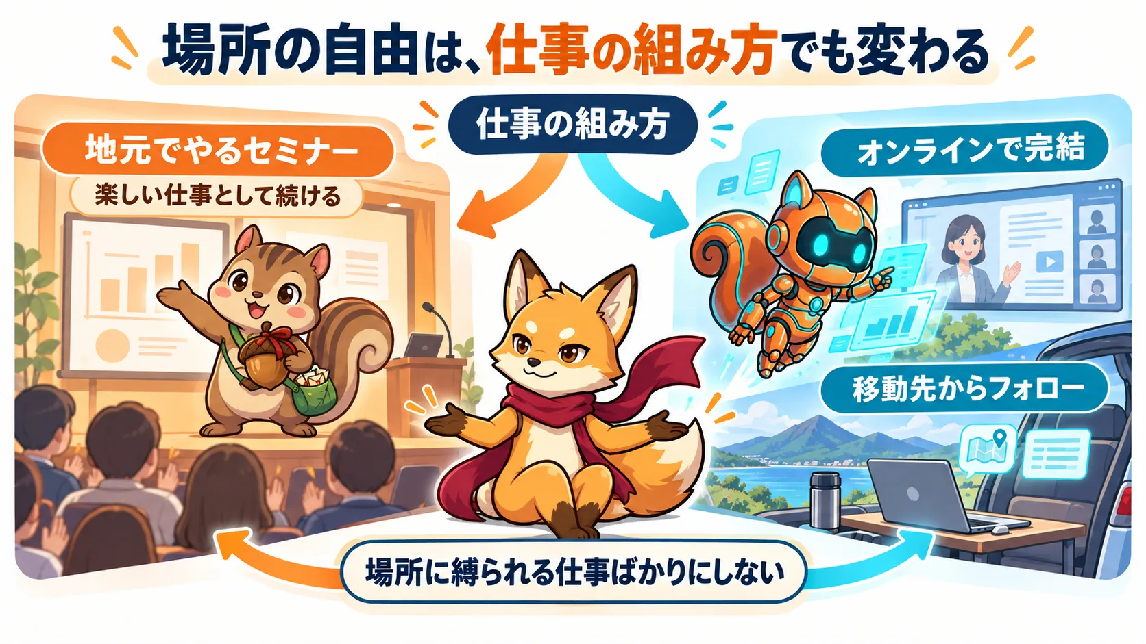 楽しい地元のセミナーを続けながら、オンラインで完結する仕事や移動先からフォローできる仕事も増やす組み方。