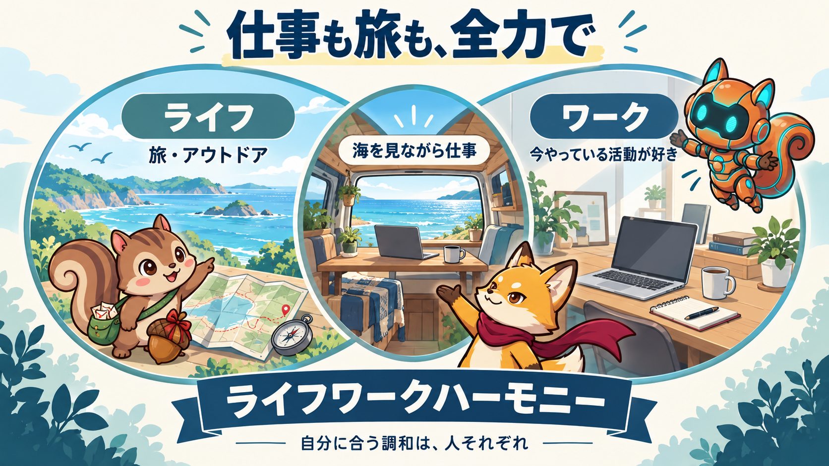 旅やアウトドアと好きな活動としての仕事が重なり、海を見ながら働くライフワークハーモニーの関係図